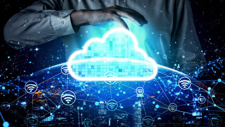 Conceptual cloud computing and data storage technology for future innovation . 3D render computer...