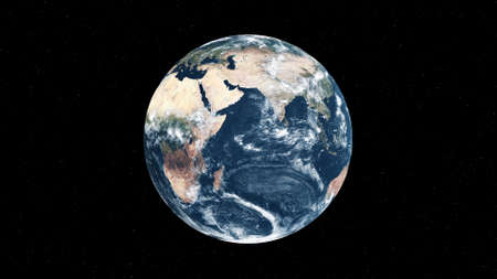 Planet earth with realistic geography surface and orbital 3D cloud atmosphere . Outer space view of world globe sphere of continents . 3D rendering graphic .の写真素材