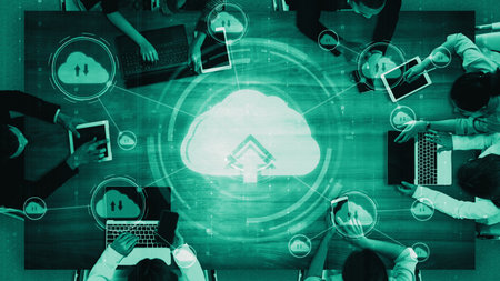 Cloud computing technology and online data storage for shrewd business network concept . Computer...