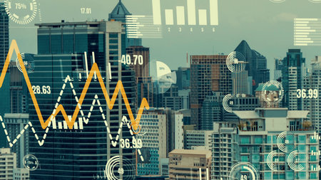 Business data analytic interface fly over smart city showing alteration future of business...