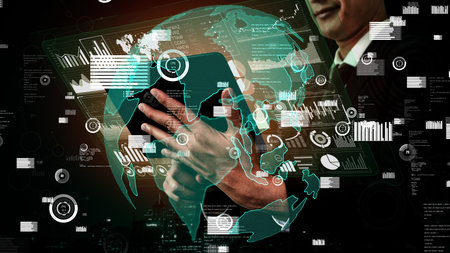 Big Data Technology for Business Finance Analytic conceptual. Modern graphic interface shows massive...