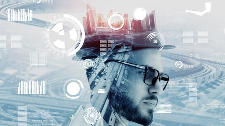 Future building construction and inventive engineering project concept with HUD hologram graphic...