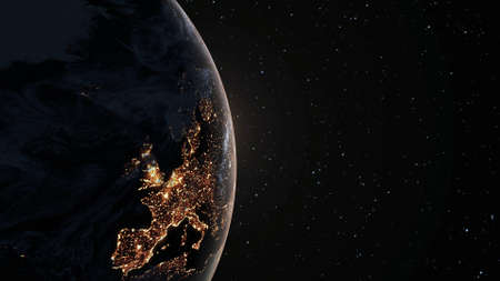 Planet earth with realistic geography surface and orbital 3D cloud atmosphere . Outer space view of world globe sphere of continents . 3D rendering graphic . Elements of this image furnished by NASA .の写真素材