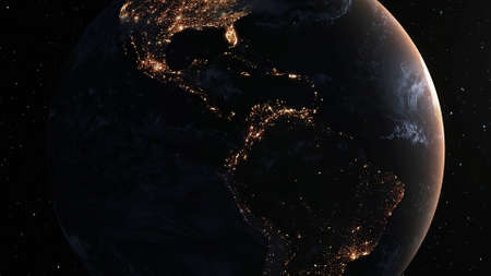 Planet earth with realistic geography surface and orbital 3D cloud atmosphere . Outer space view of world globe sphere of continents . 3D rendering graphic . Elements of this image furnished by NASA .の写真素材