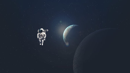 Astronaut spaceman do spacewalk while working for spaceflight mission at space station . Astronaut...