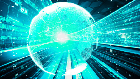 Futuristic global network and tacit digital data transfer 3D graphic . Concept of smart digital transformation and technology disruption that changes global trends in new information era .の写真素材