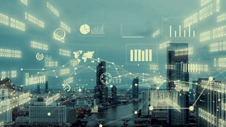 Business data analytic interface fly over smart city showing alteration future of business intelligence. Computer software and artificial intelligence are used to analyze big data for strategic plan .の写真素材