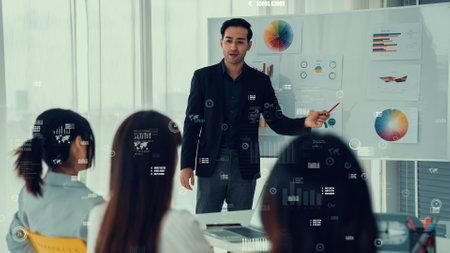 Business people in corporate staff meeting with envisional graphic . Concept of digital technology for marketing data analysis and investment decision making .の写真素材