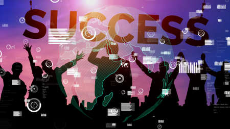 Achievement and Business Goal Success conceptual - Creative business people with icon graphic interface showing employee reward giving for business success achievement.の写真素材