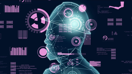 Abstract design of gears in inventive human head outline showing concept of engineering,...