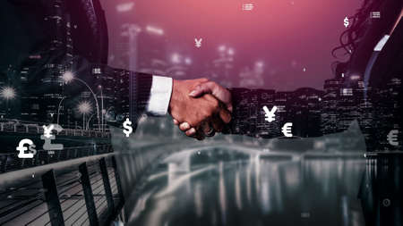 Conceptual business handshake with dashboard for financial data analysis . 3D render computer graphic .の写真素材