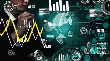 Conceptual business dashboard for financial data analysis . 3D render computer graphic .