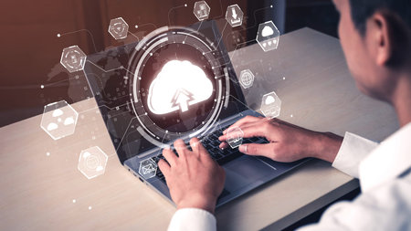 Cloud computing technology and online data storage for shrewd business network concept . Computer...