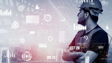 Future building construction and inventive engineering project concept with HUD hologram graphic design. Building engineer, architect people or construction worker works with modern civil technology.の写真素材