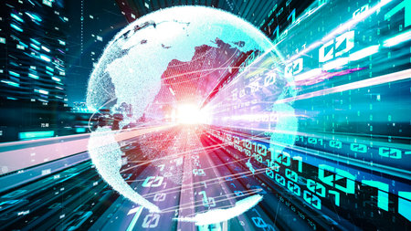 Futuristic global network and tacit digital data transfer 3D graphic . Concept of smart digital transformation and technology disruption that changes global trends in new information era .の写真素材