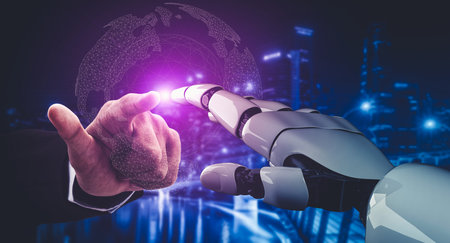 3D rendering artificial intelligence AI research of droid robot and cyborg development for future of...