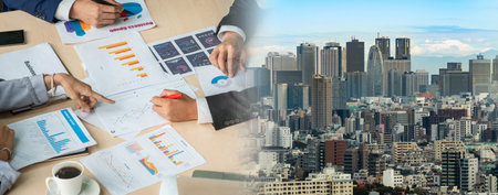 Smart businessman and businesswoman talking discussion in widen group meeting at office table in a...