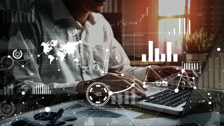 Conceptual business dashboard for financial data analysis . 3D render computer graphic .