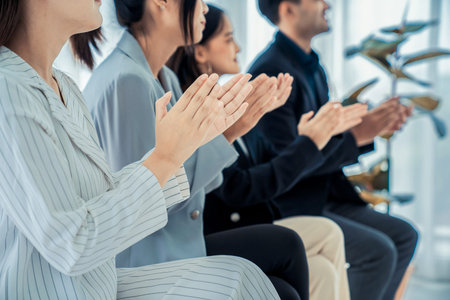 Businesswoman proficiently present work project receive celebrations from team . Corporate business...