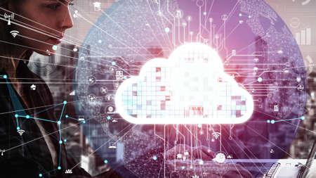 Conceptual cloud computing and data storage technology for future innovation . 3D render computer graphic .の写真素材