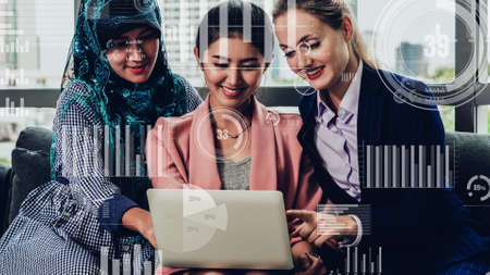 Conceptual vision of business people in corporate staff meeting . Concept of digital technology for marketing data analysis and investment decision making .の写真素材