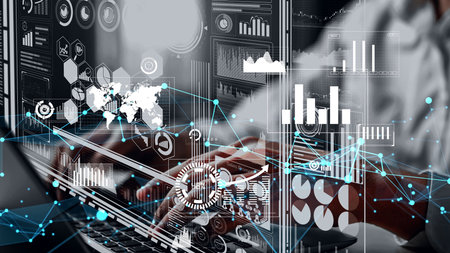 Data Analysis for Business and Finance conceptual. Graphic interface showing future computer...