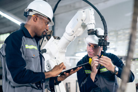 Factory workers working with adept robotic arm in a workshop . Industry robot programming software for automated manufacturing technology .の写真素材