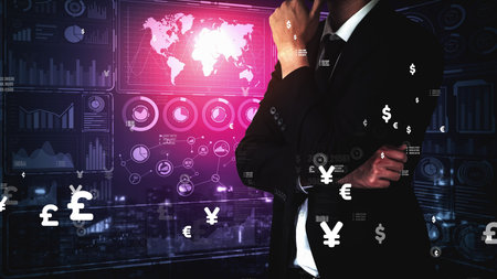 Big Data Technology for Business Finance Analytic conceptual. Modern graphic interface shows massive...