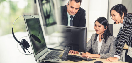 Business people wearing headset working in office to support remote customer or colleague. Call...