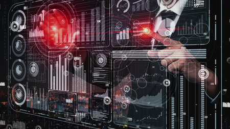 Big Data Technology for Business Finance Analytic conceptual. Modern graphic interface shows massive...
