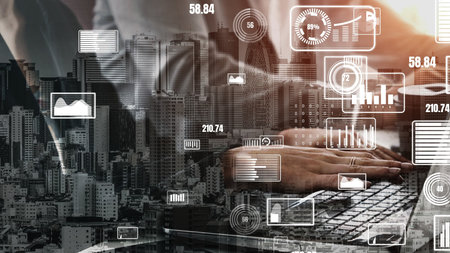Conceptual business dashboard for financial data analysis . 3D render computer graphic .