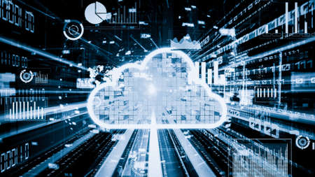 Cloud computer and online data storage with tacit intelligent sharing software . Concept of smart digital transformation and technology disruption that changes global trends in new information era .の写真素材