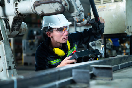 Young factory worker working with adept robotic arm in a workshop . Industry robot programming...