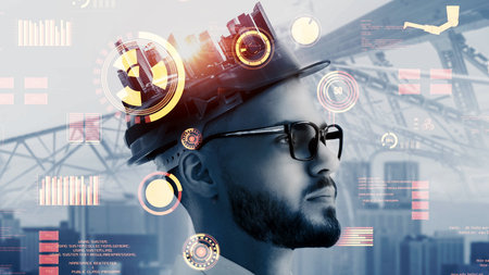 Future building construction and inventive engineering project concept with HUD hologram graphic...