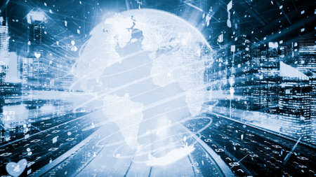 Futuristic global social media, people network and tacit digital data sharing . Concept of smart digital transformation and technology disruption that changes global trends in new information era .の写真素材
