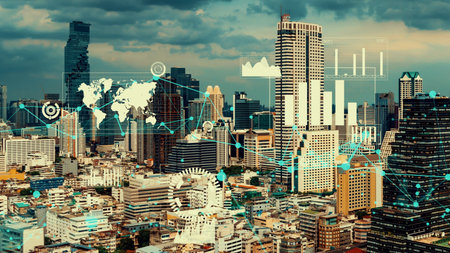 Business data analytic interface fly over smart city showing alteration future of business...
