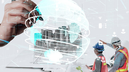 City civil planning and inventive real estate development . Architect people looking at abstract...