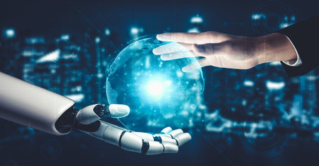 3D rendering artificial intelligence AI research of droid robot and cyborg development for future of...