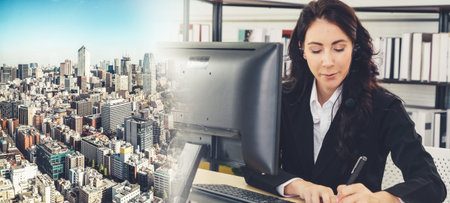 Business people wearing headset working in office to support remote customer or colleague. Call...