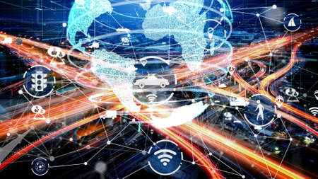 Smart transport technology concept for future car traffic on newish city road . Virtual intelligent system makes digital information analysis to connect data of vehicle on city street .の写真素材