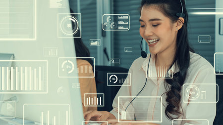 Customer support call center provide data with envisional graphic . Business and communication...