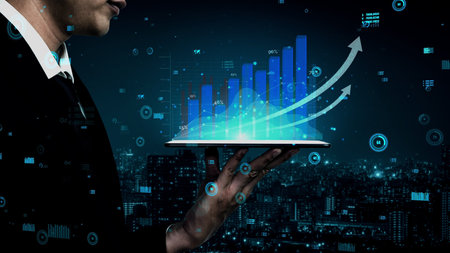Double Exposure Image of Business and Finance conceptual - Businessman with report chart up forward...