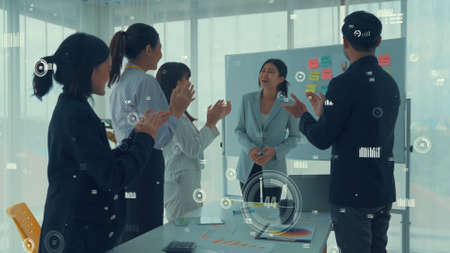 Business people in corporate staff meeting with envisional graphic . Concept of digital technology for marketing data analysis and investment decision making .の写真素材