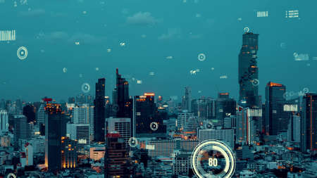 Business data analytic interface fly over smart city showing alteration future of business intelligence. Computer software and artificial intelligence are used to analyze big data for strategic plan .の写真素材