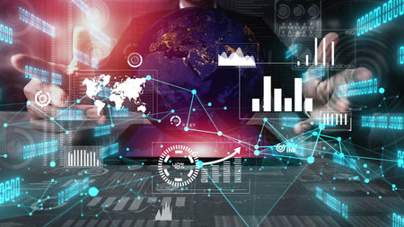 Big Data Technology for Business Finance Analytic conceptual. Modern graphic interface shows massive...