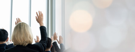 Group of business people meeting in a seminar conference widen view . Audience listening to...