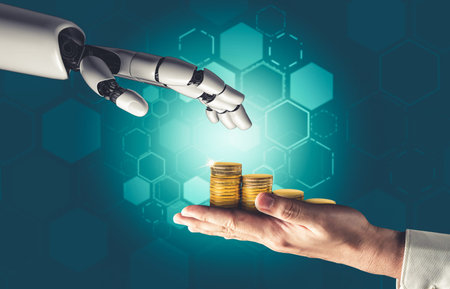 3D rendering futuristic droid robot technology development, artificial intelligence AI, and machine...