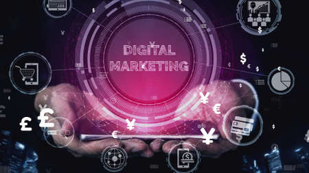 Digital Marketing Technology Solution for Online Business conceptual - Graphic interface showing analytic diagram of online market promotion strategy on digital advertising platform via social media.の写真素材