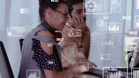 Conceptual vision of business people in corporate staff meeting . Concept of digital technology for marketing data analysis and investment decision making .の写真素材
