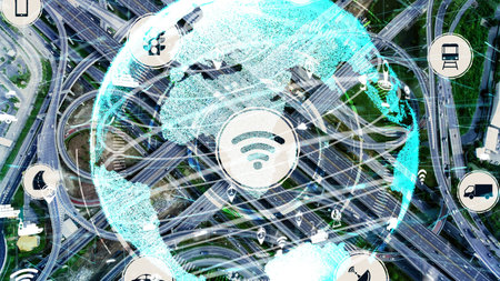 Smart transport technology concept for future car traffic on newish city road . Virtual intelligent...